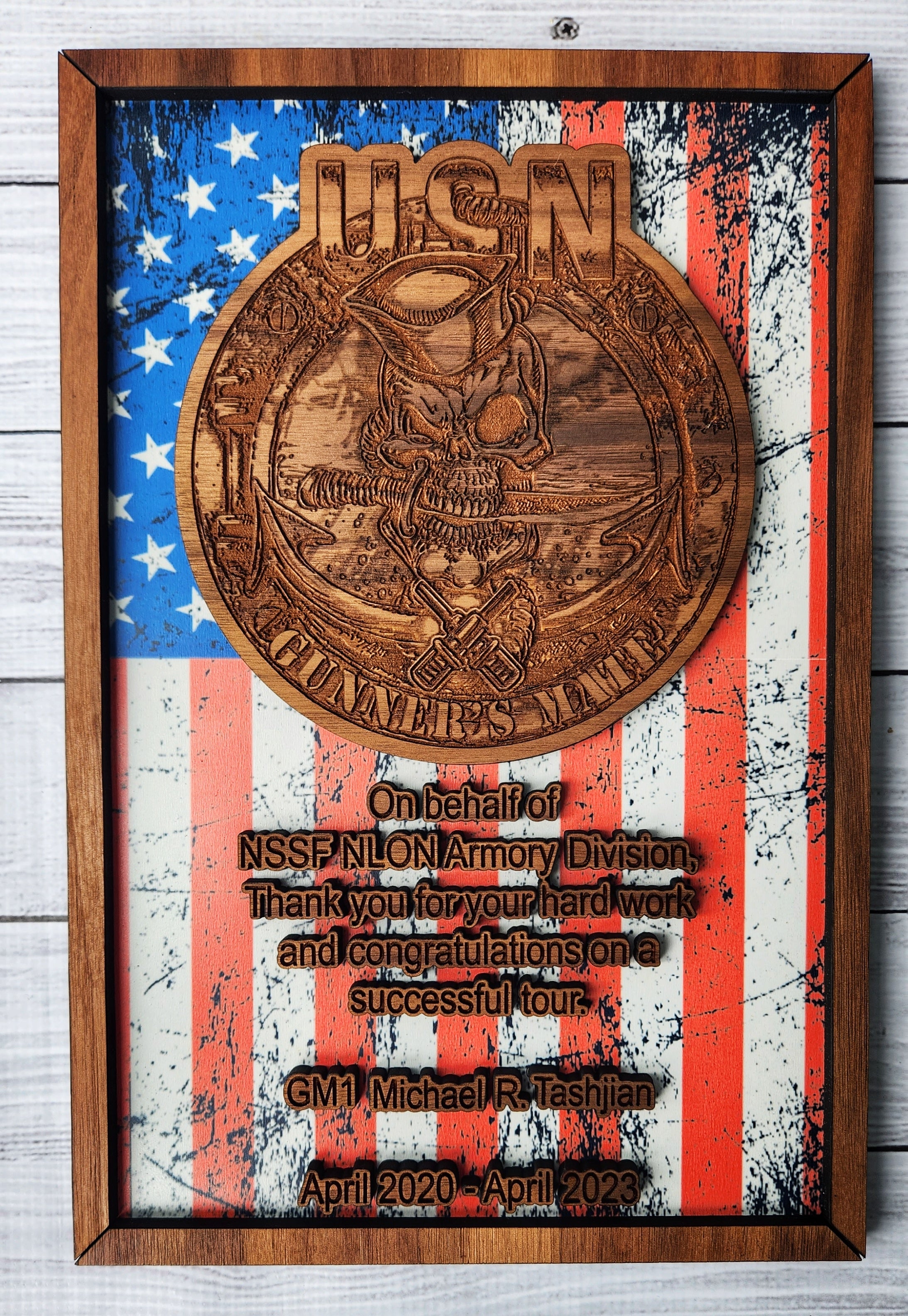 Custom military appreciation plaque made from wood with American flag background