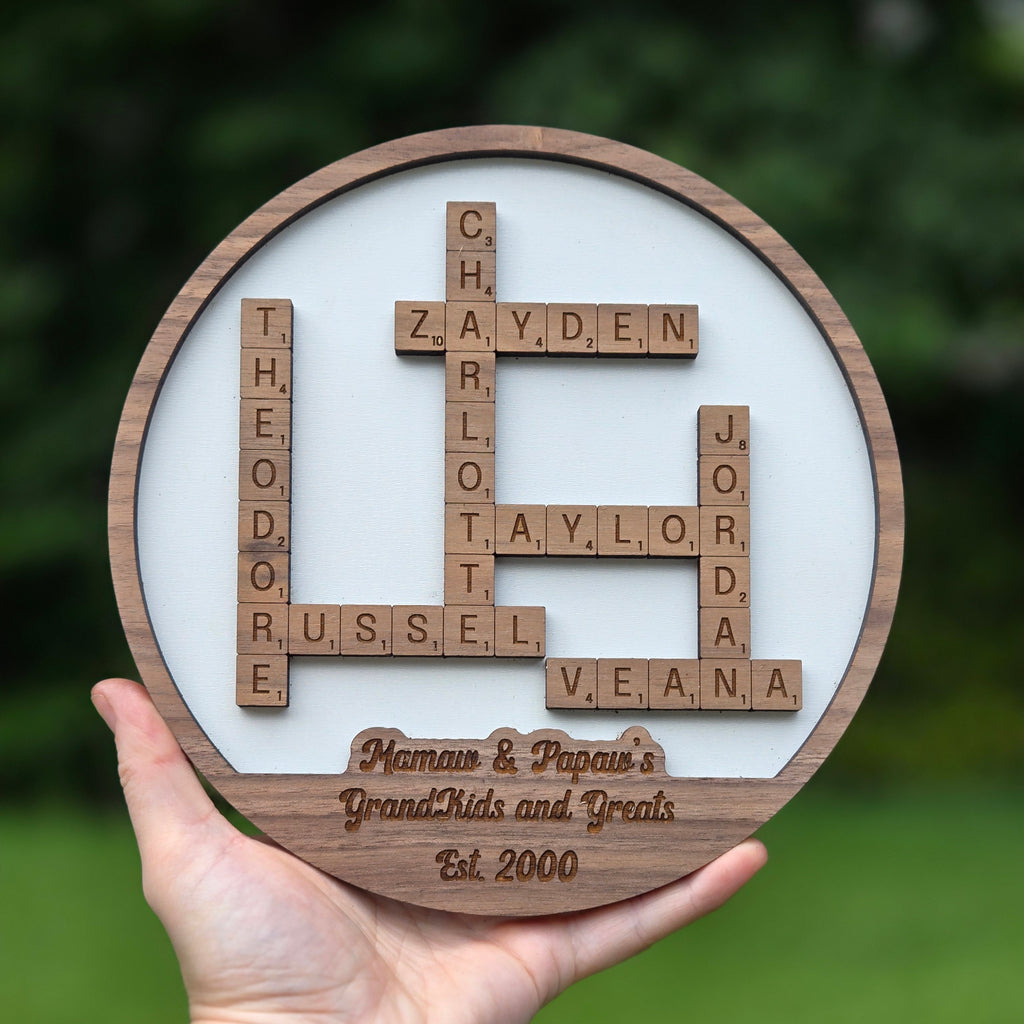 Custom walnut wood family name sign with layered design