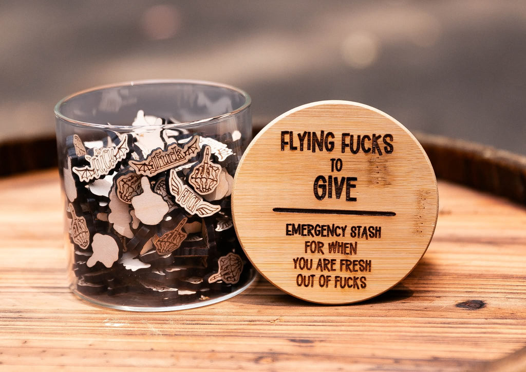 Jar of Flying Fucks funny gag gift filled with mini wooden flying fucks