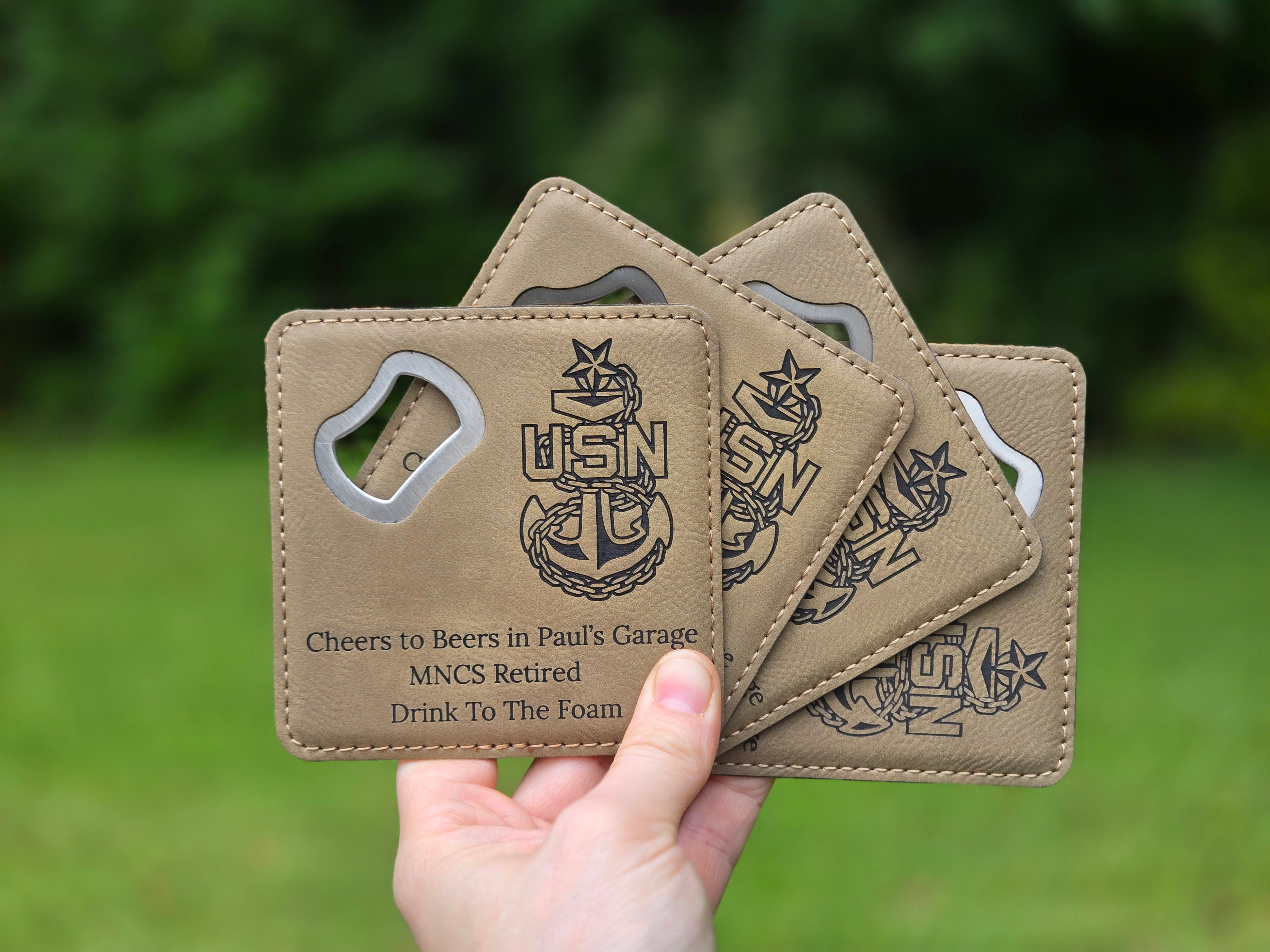 Custom military bottle opener coaster going away gift