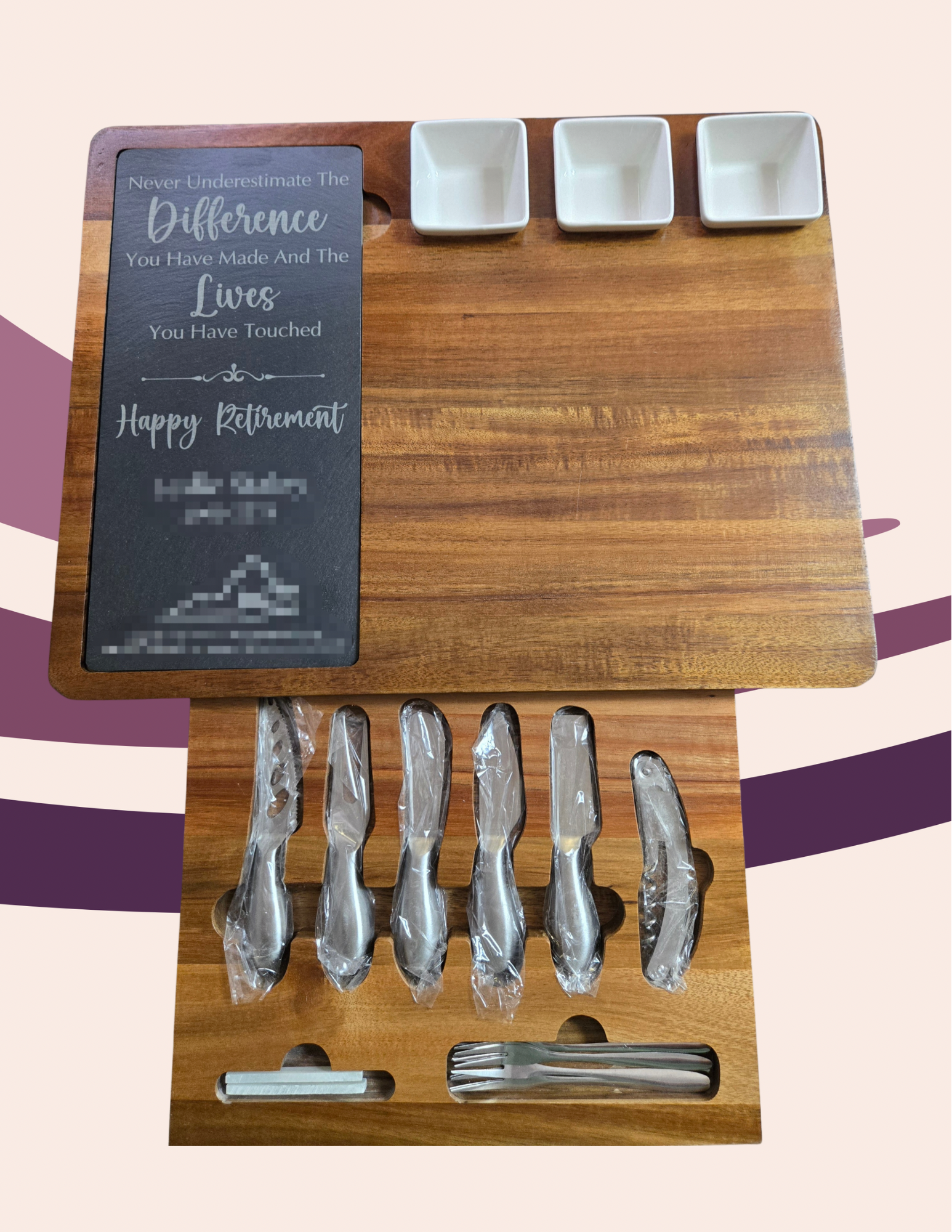 Personalized acacia wood charcuterie board set with custom engraved slate