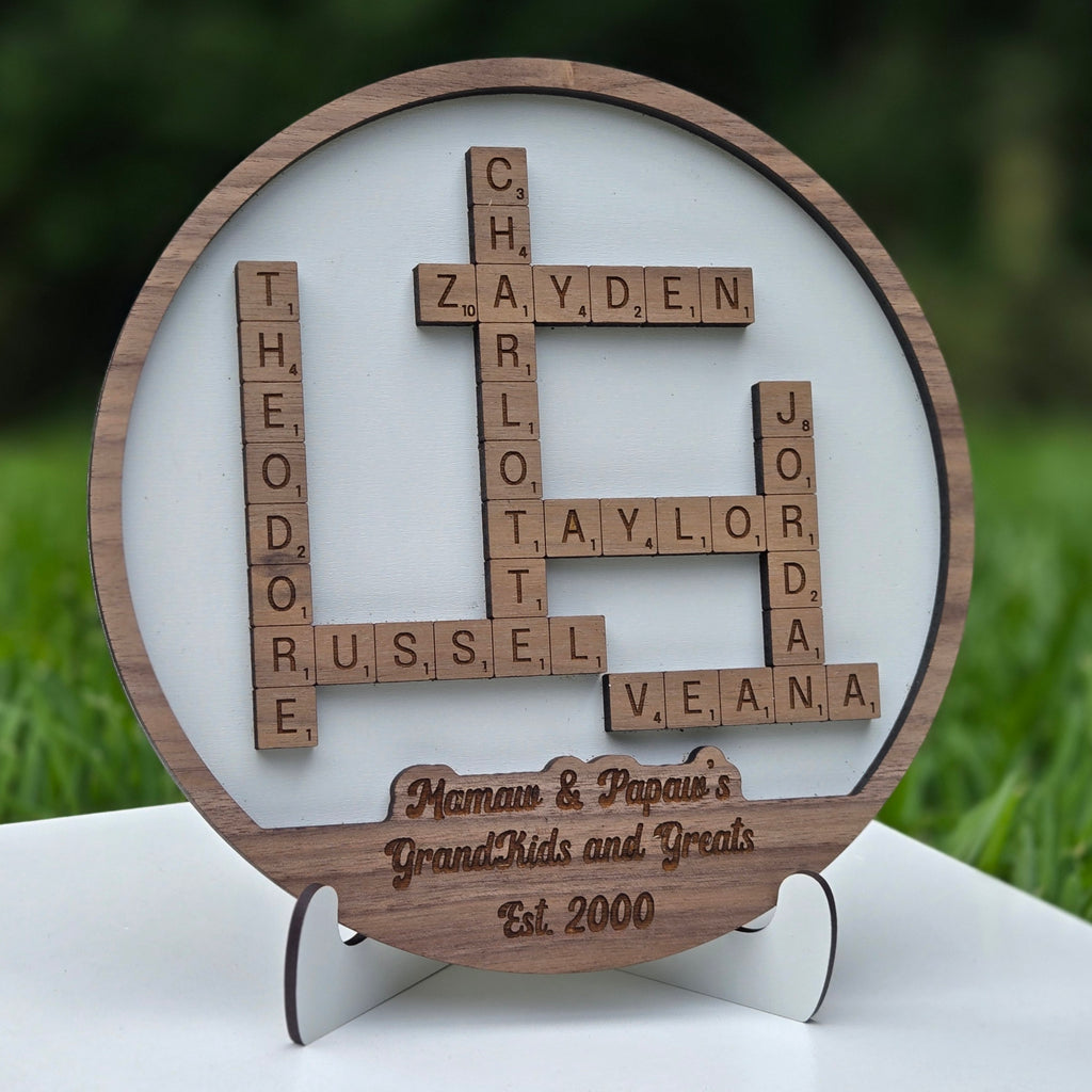 Personalized family name wood sign with pet names and custom color background