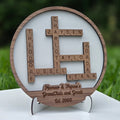 Personalized family name wood sign with pet names and custom color background