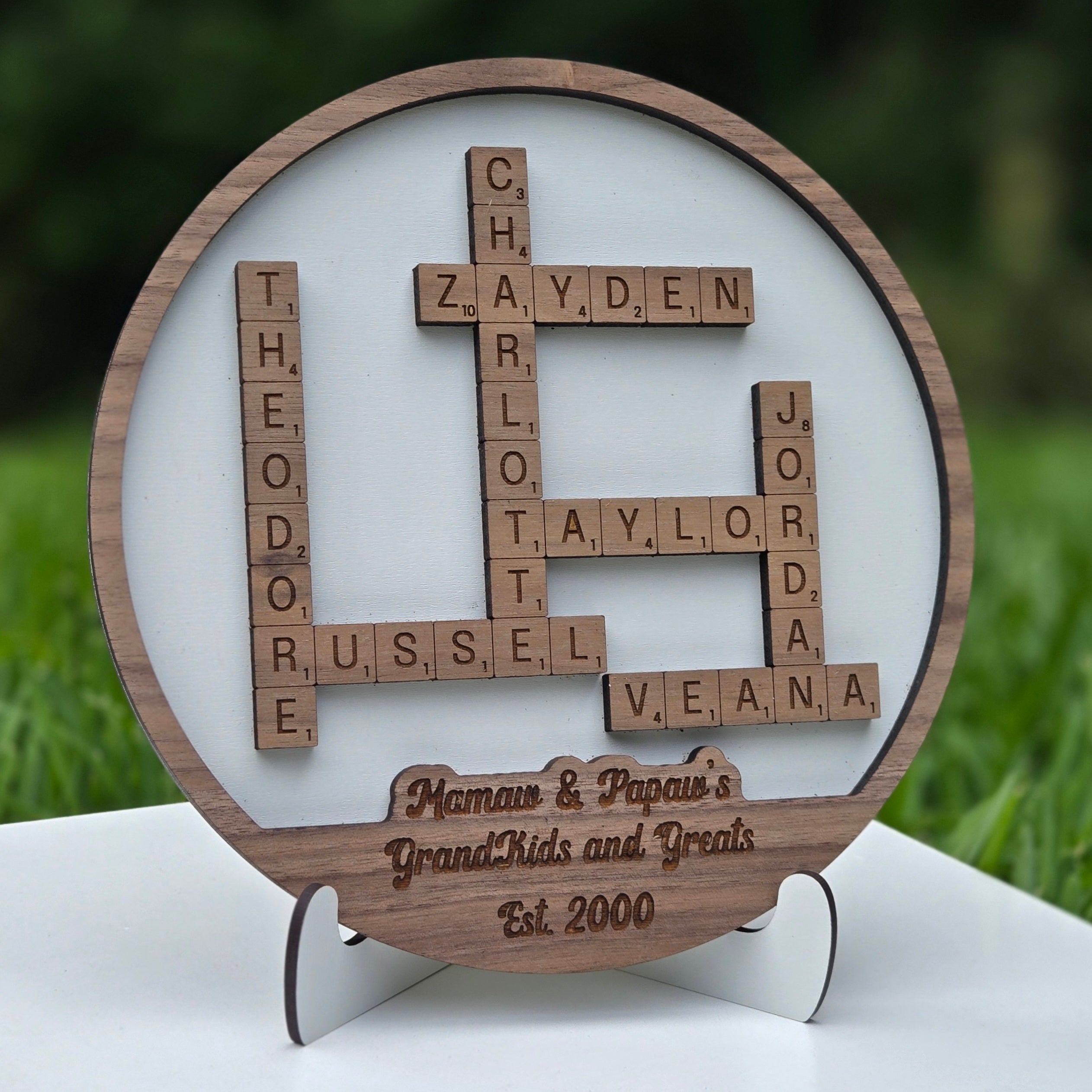 Personalized family name wood sign with pet names and custom color background
