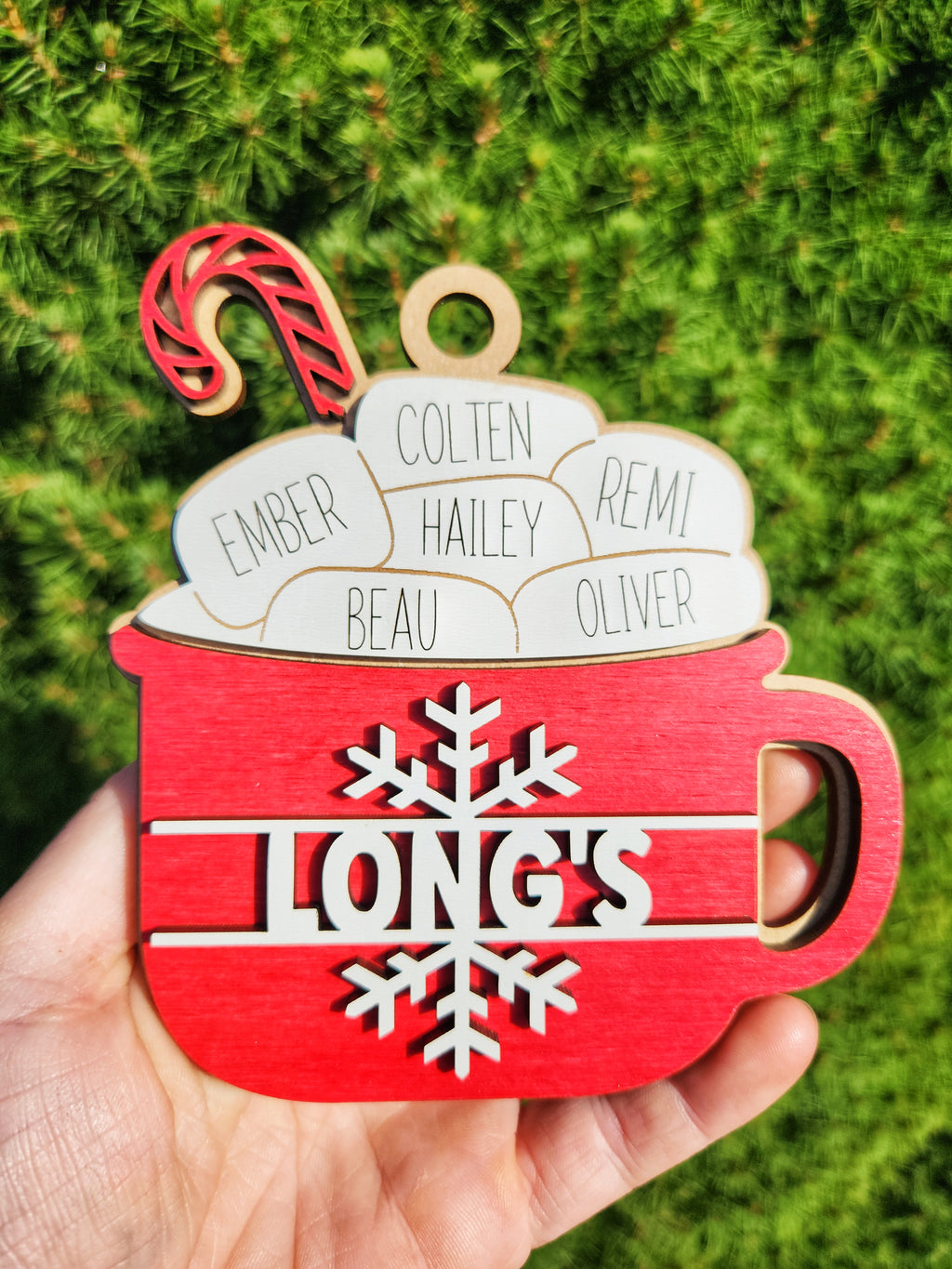 Personalized wooden hot cocoa family Christmas ornament with names